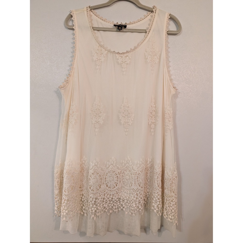 Cal Style USA Cream Ivory Lace Mesh Tunic Top Sleeveless Embroidered Boho 2XL